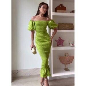Never Fully Dressed Women's Size XS Green Gold Smocked Jojo‎ Midi Dress